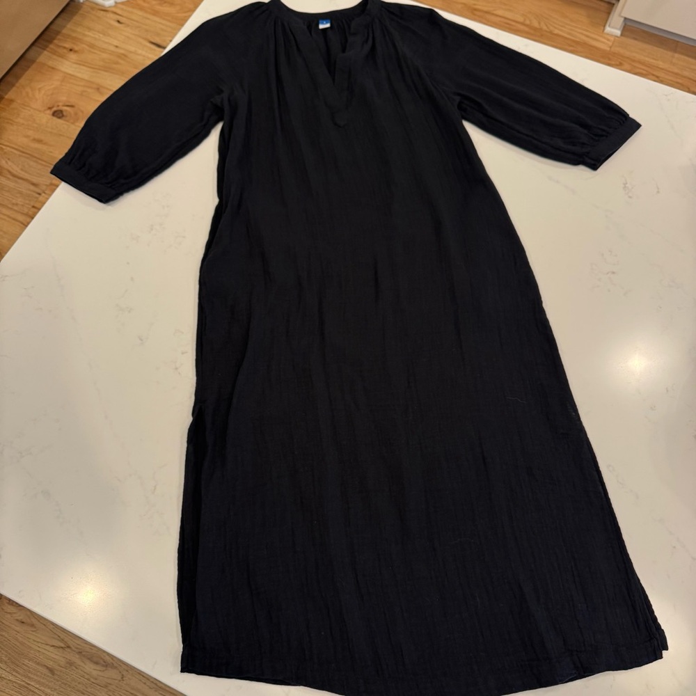 Old Navy Crinkle Cotton Gauze V Neck Tunic Midi Dress Pockets *Black* Small